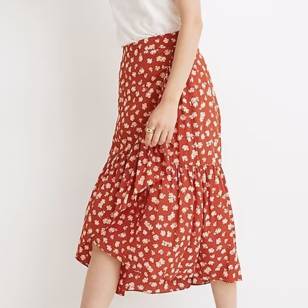 Madewell, Size 8, Ruffle-Wrap Midi Skirt in Happy Hibiscus